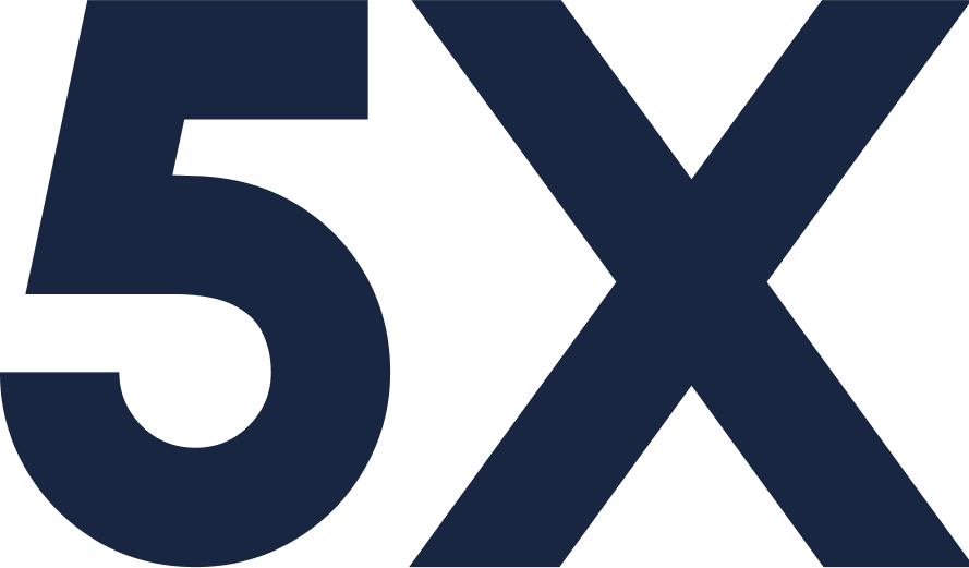 The image shows a large navy blue '5X' graphic on a white background.