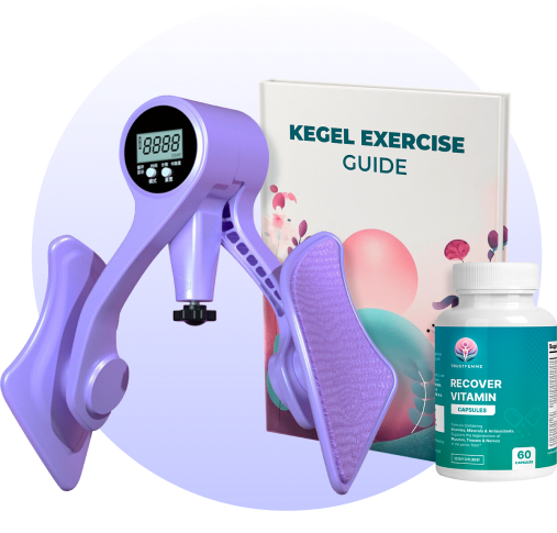 Kegel exerciser, exercise guide book, and vitamin bottle on a purple background.