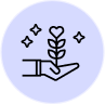 A hand holding a plant with a heart and sparkles above.