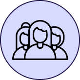 Icon depicting three people outlined in a circular design with a light purple background.