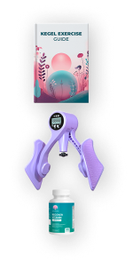 Kegel exercise guide, lavender exerciser device, and supplement bottle.