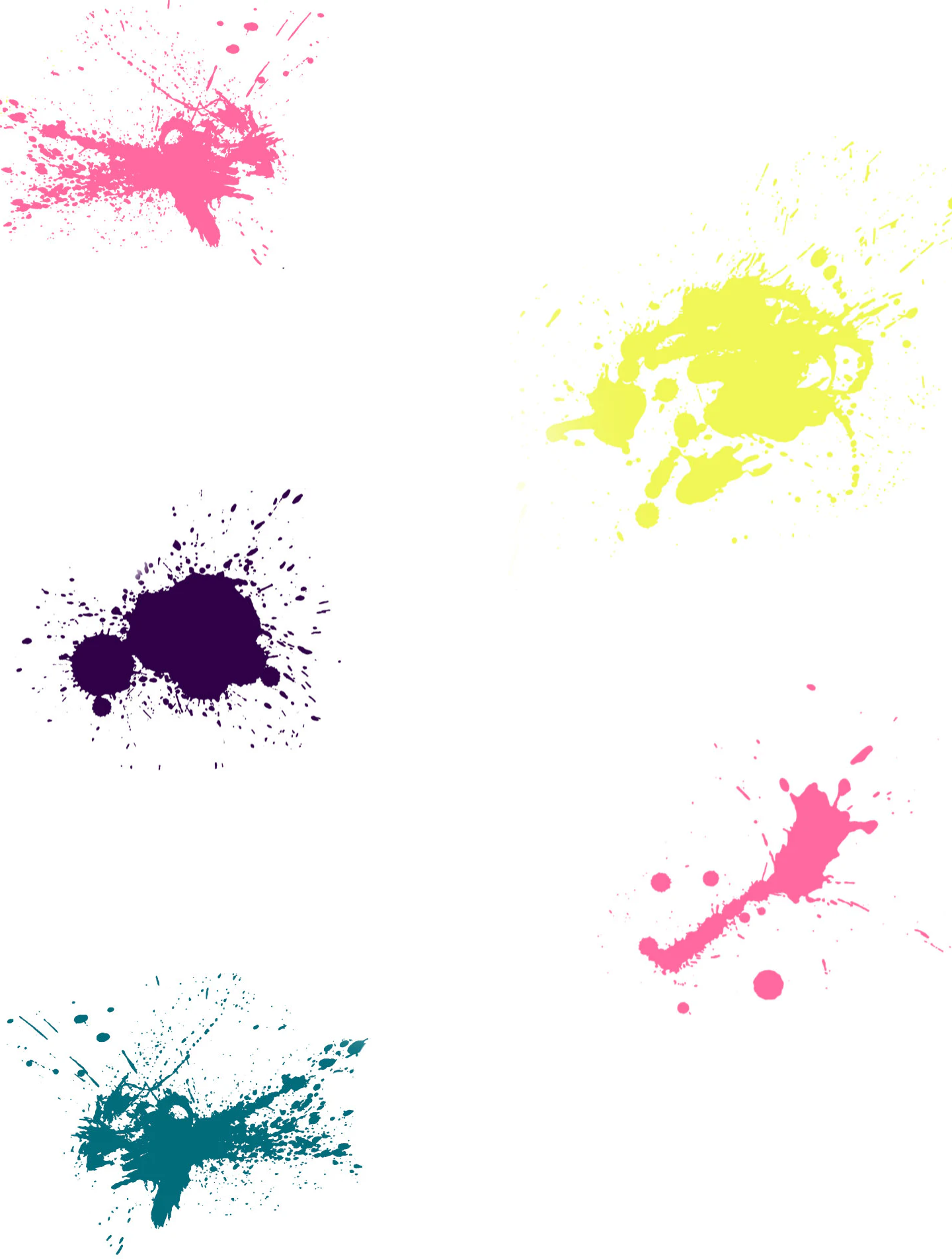 Colorful paint splatters in pink, yellow, purple, and teal on a white background.