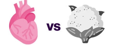 Illustration of an anatomical heart versus a cauliflower.
