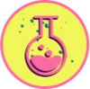 Pink test tube with bubbling liquid on a yellow circular background.