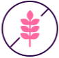 A pink gluten-free icon crossed out in a purple circle.