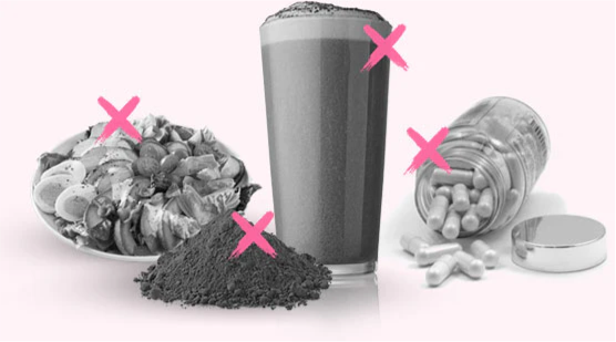 Prohibited: salad, protein shake, supplement capsules, and powder with red X marks.