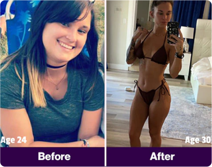 Before and after photos showing physical transformation from age 24 to age 30.