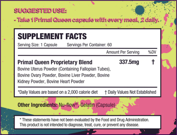 Supplement facts label for Primal Queen capsules with ingredients and usage instructions.