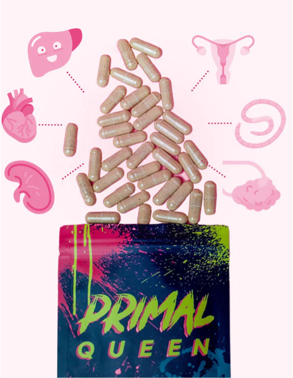 'Primal Queen supplement capsules with icons of various bodily organs.'