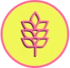 Stylized pink wheat icon on a yellow circular background.