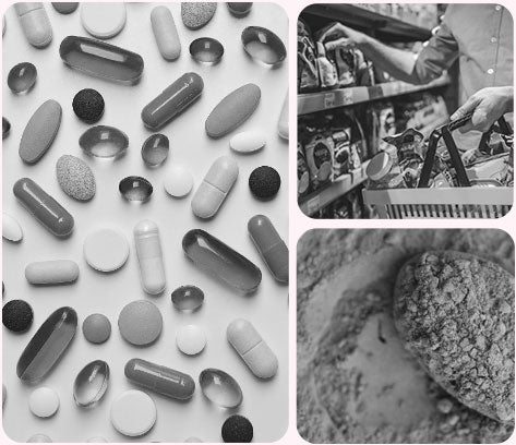 Various pills, a person shopping, and a close-up of a powder.