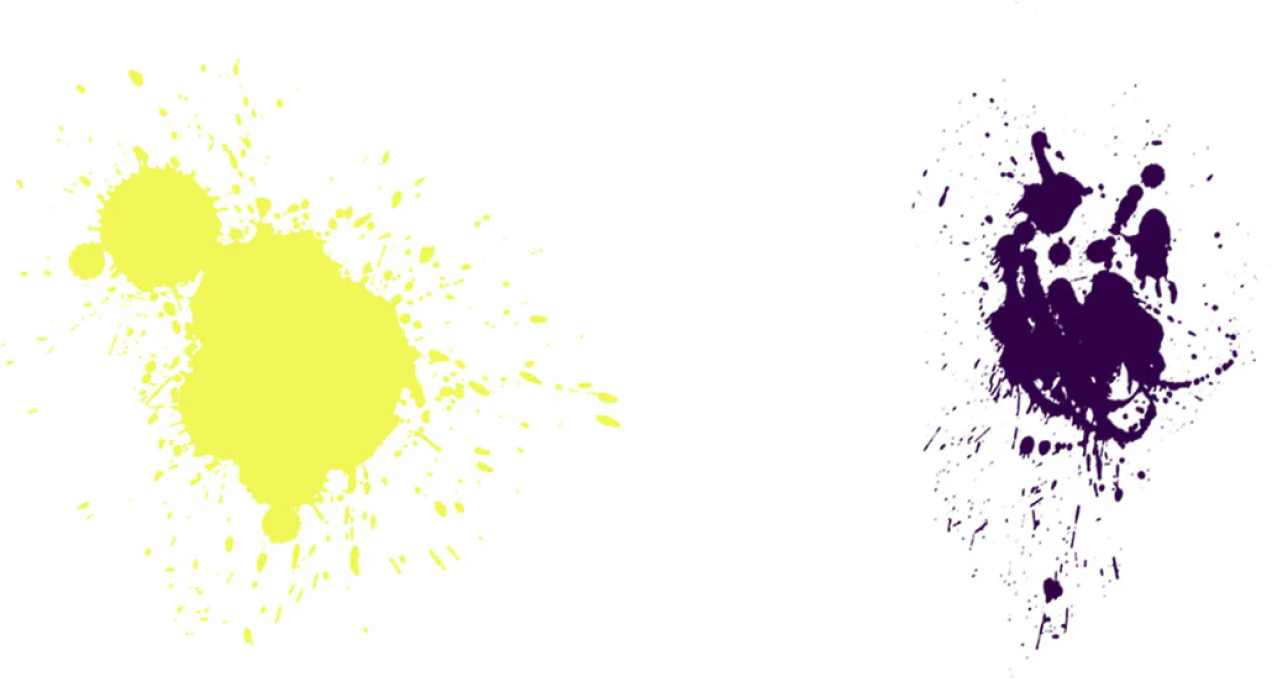 Two paint splatters: one yellow on the left, one purple on the right, on a white background.