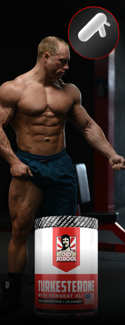 Bodybuilder posing beside Old School Labs Turkesterone supplement.