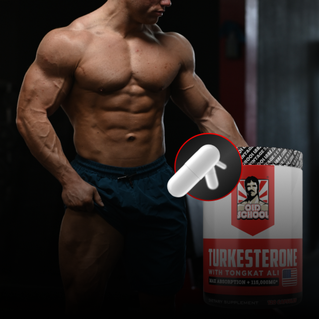 Muscular man standing near a container of Turkesterone supplements with a capsule illustration.