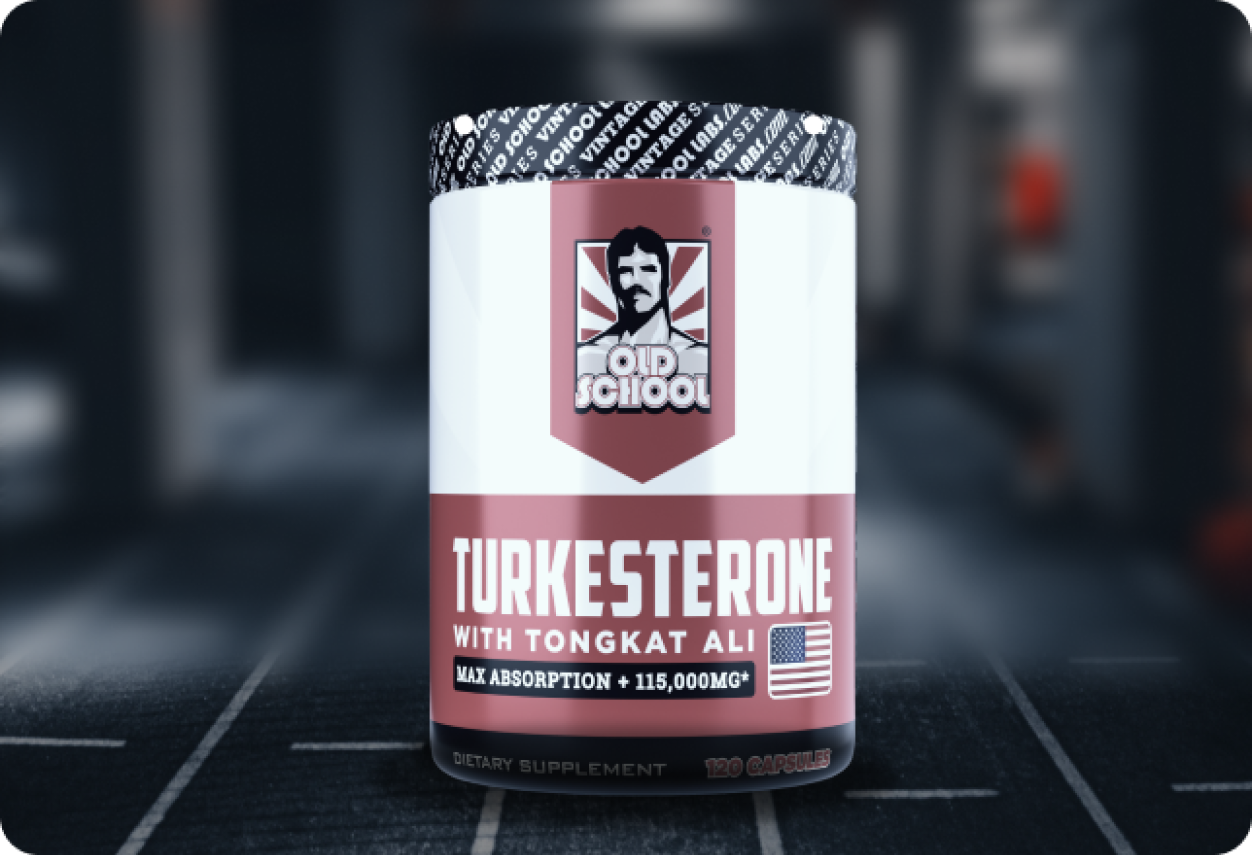 'Old School Turkesterone supplement bottle with 120 capsules on a blurred background.'