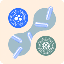 Illustration of capsules with two circular logos on a beige background.