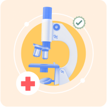 Illustration of a microscope with a medical cross and checkmark.