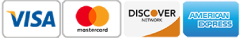 Logos of Visa, MasterCard, Discover, and American Express credit cards.