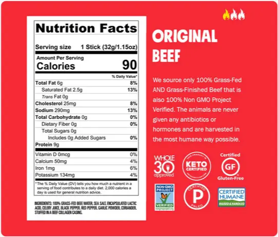 Nutrition facts and certifications label for grass-fed, non-GMO beef snack.