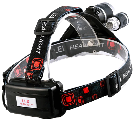 LED headlamp with adjustable straps and dual lights.