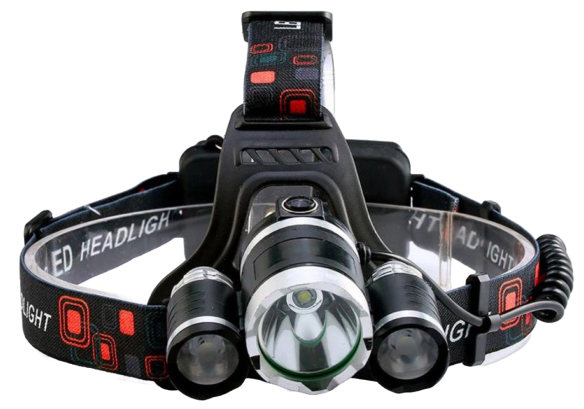 LED headlamp with adjustable straps and three light settings.