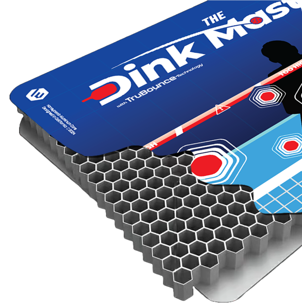 Pickleball paddle with honeycomb core and 'Dink Master' branding on blue surface.