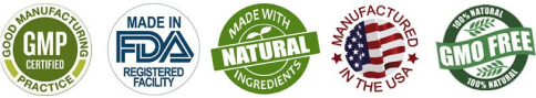 Product certification badges: GMP Certified, FDA Registered, Made with Natural Ingredients, Manufactured in USA, GMO Free.