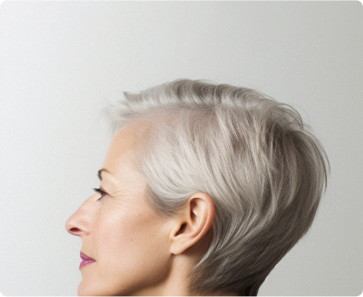 Profile view of a person with short, gray hair.