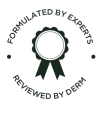 Seal labeled 'Formulated by Experts, Reviewed by Derm' with a ribbon illustration.