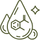 Stylized icon of a droplet with chemical structure, sparkle, and wave.