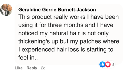 A Facebook comment praising a hair product's effectiveness in reducing hair loss.