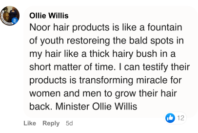 Facebook comment praising Noor hair products for hair restoration.