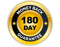 'Gold and black 180-day money back guarantee badge.'