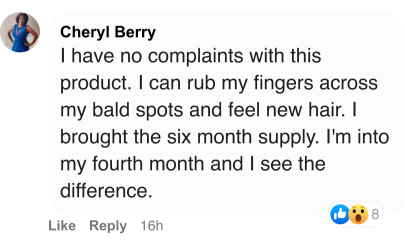 Comment praising hair growth product effectiveness after four months of use.