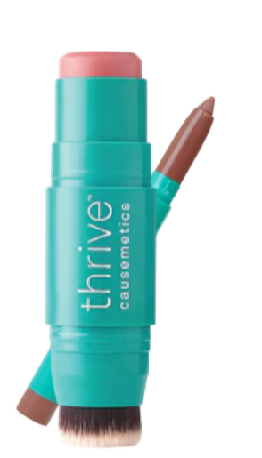 Teal thrive cosmetics stick with lip gloss, cheek tint, and brush.