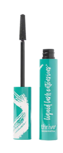 Teal mascara tube with brush, labeled 'Liquid Lash Extensions' by Thrive Causemetics.