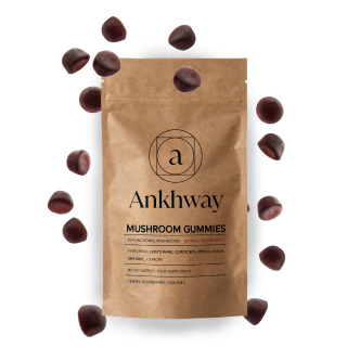 A bag of Ankhway mushroom gummies surrounded by individual gummies.