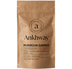 Brown packaging of Ankhway mushroom gummies with black text.