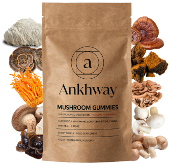 Ankhway Mushroom Gummies packaging surrounded by various types of mushrooms.