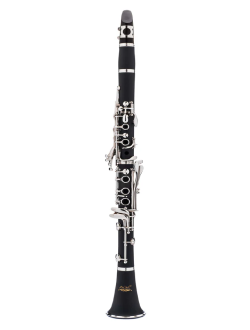 Black clarinet with silver keys, standing upright against a white background.