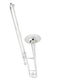 Silver-plated trombone with a glossy finish.