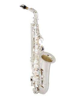 Silver alto saxophone isolated on a white background.