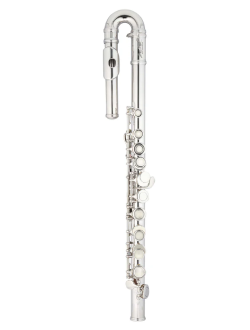 Silver bass flute with a curved headjoint.