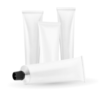 Five white cosmetic tubes with black caps.