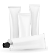 Four white, blank cosmetic tubes with black caps displayed upright and lying down.