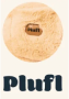 Round beige bed with the word 'Plufl' inside.