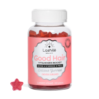 Bottle of Loshité hair vitamins with star-shaped red gummies, labeled 'Good Hair.'