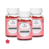 Three bottles of Good Hair vitamin supplements with pink labels and star-shaped gummies.