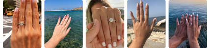 Hands showcasing engagement rings with ocean and city backdrops.