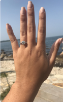 A hand with a ring in front of a seaside background.